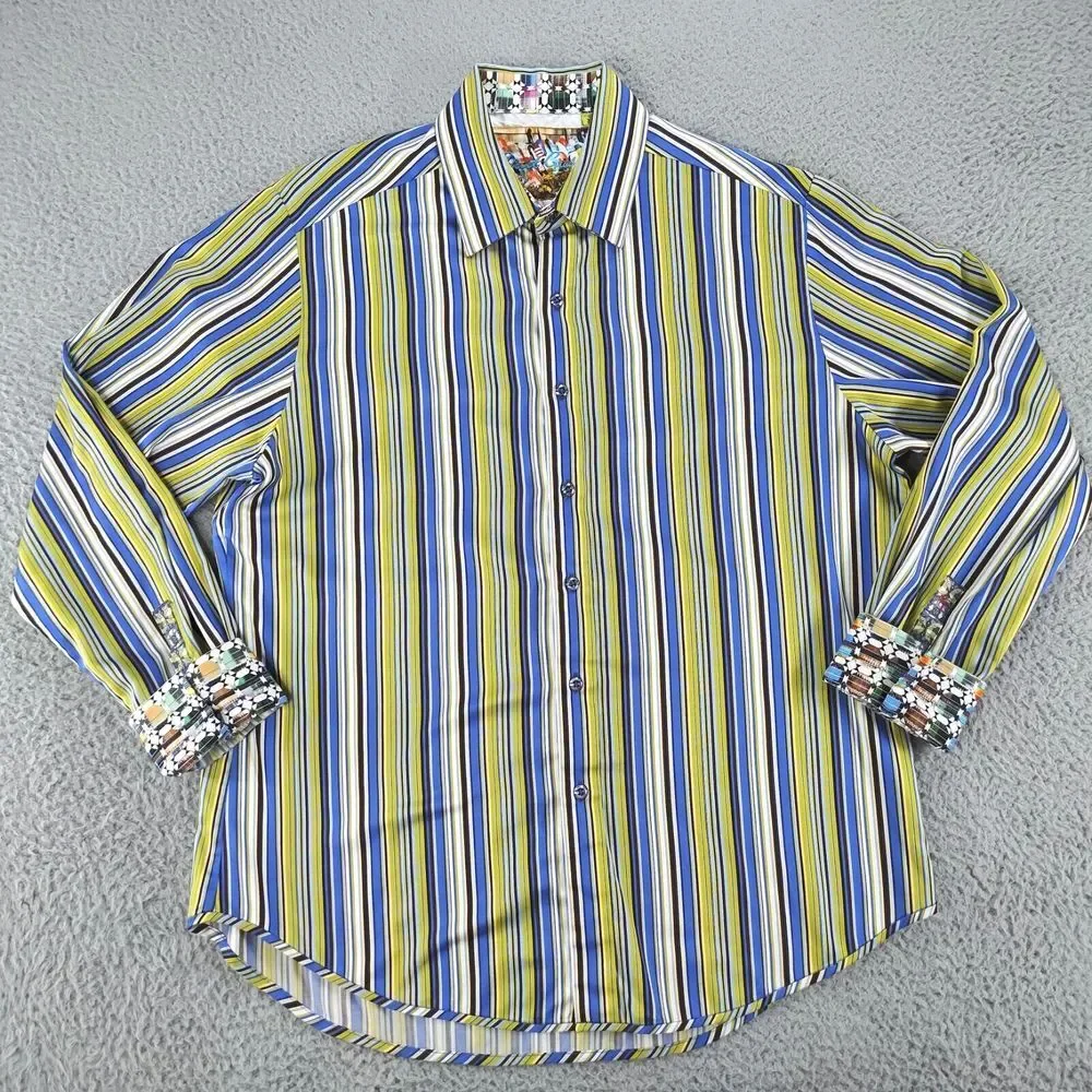 Robert Graham Shirt Mens XL Green Striped Classic Fit Flip Cuff Button Down